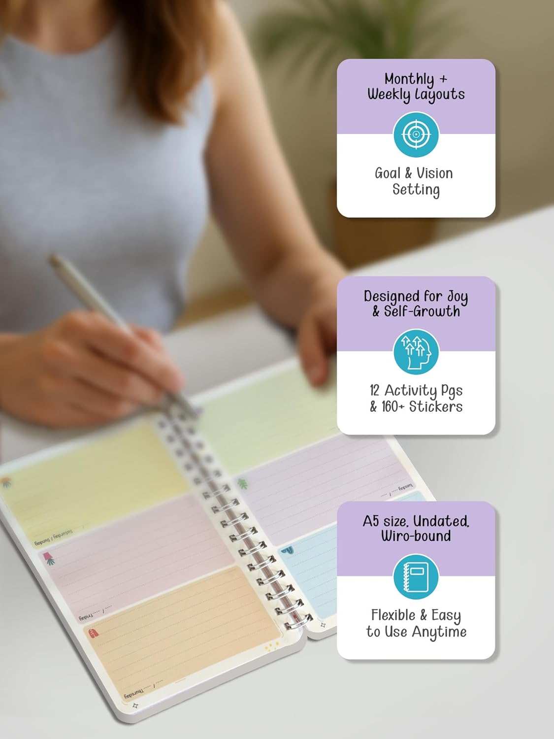 A5 Wiro-Bound Planner | with 160+ Stickers | Dream Life Planner for Women & Girls | 256 Undated Pages - Image 3
