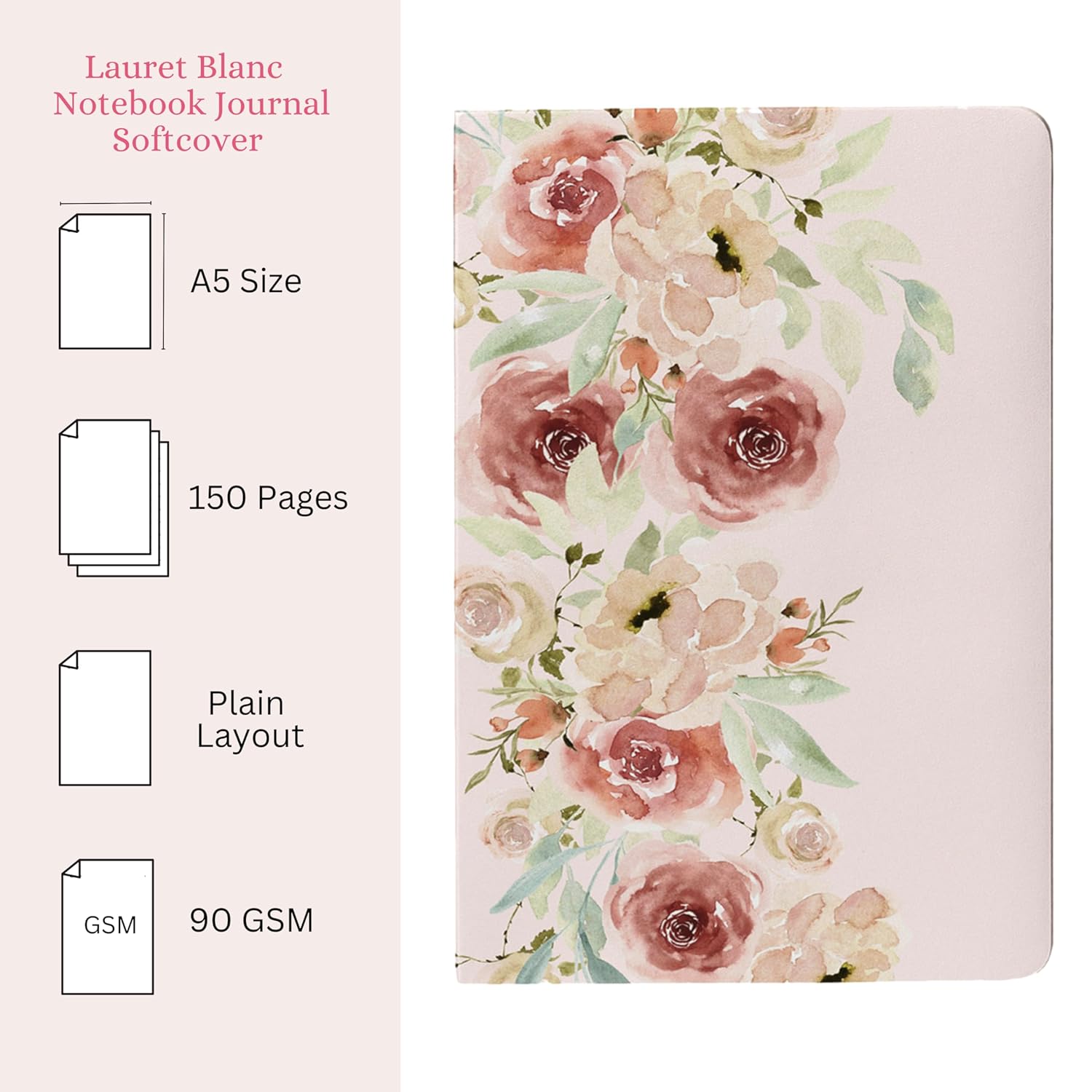 A5 Unruled Notebook, 90 GSM, Paperback Floral Design | 150 Plain Pages - Image 3