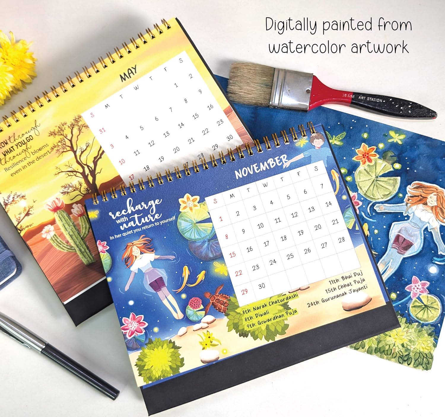 2026 Table Calendar with hand drawn paintings & 50 stickers - Image 6
