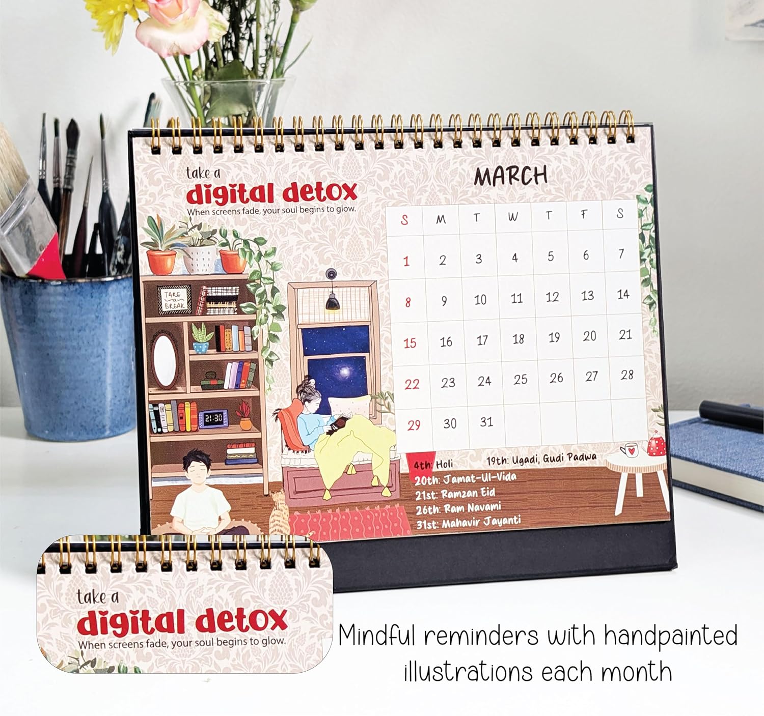 2026 Table Calendar with hand drawn paintings & 50 stickers - Image 7